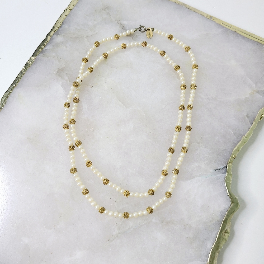 Les Berard Inc. Faux Pearl Floral Gold Tone Spacer Vintage Necklace